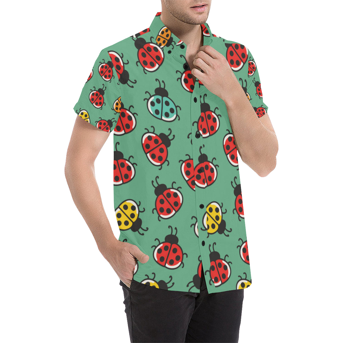 Ladybug Pattern Print Design 02 Men's Short Sleeve Button Up Shirt