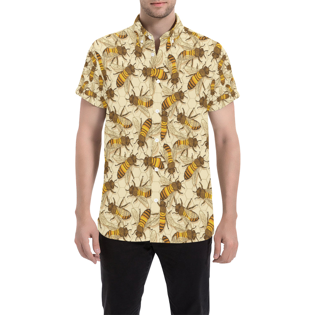 Bee Pattern Print Design BEE05 Men's Short Sleeve Button Up Shirt