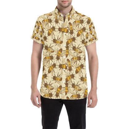 Bee Pattern Print Design BEE05 Men's Short Sleeve Button Up Shirt