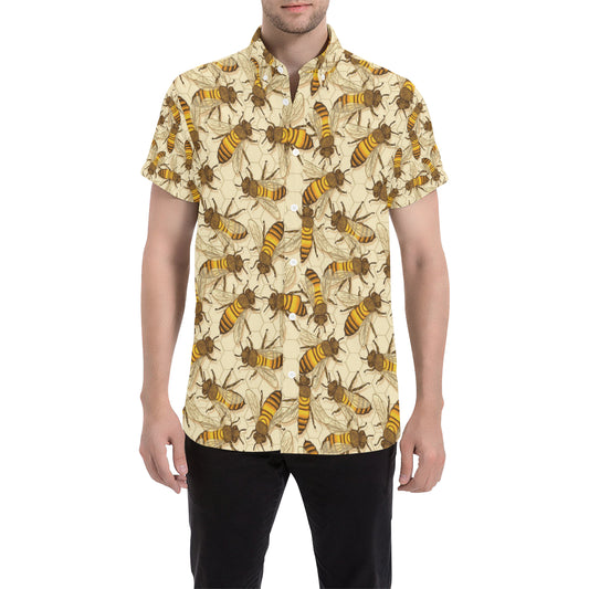 Bee Pattern Print Design BEE05 Men's Short Sleeve Button Up Shirt