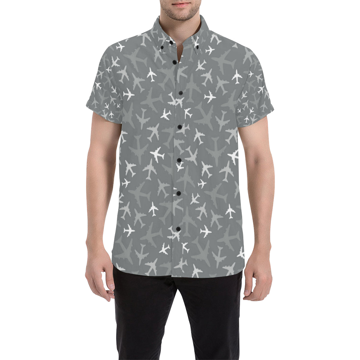 Airplane Pattern Print Design 02 Men's Short Sleeve Button Up Shirt