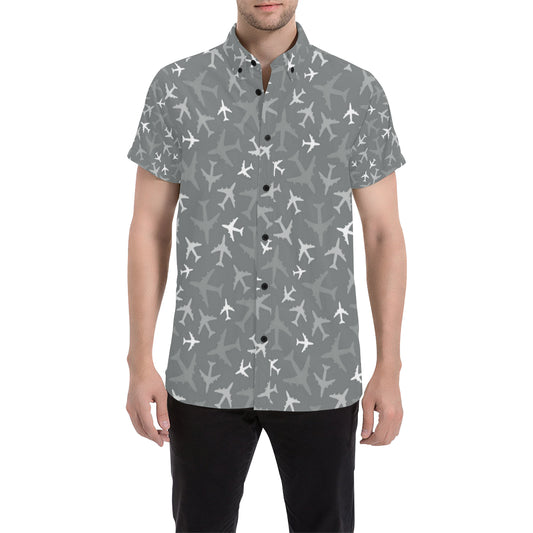 Airplane Pattern Print Design 02 Men's Short Sleeve Button Up Shirt