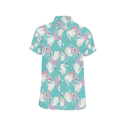 Swan Pattern Print Design 03 Men's Short Sleeve Button Up Shirt