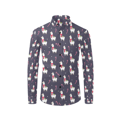 Llama with Candy Cane Themed Print Men's Long Sleeve Shirt