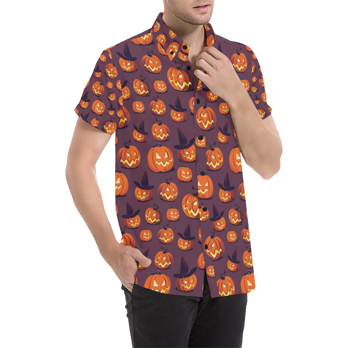 Halloween Pumpkin Pattern Print Design 03 Men's Short Sleeve Button Up Shirt