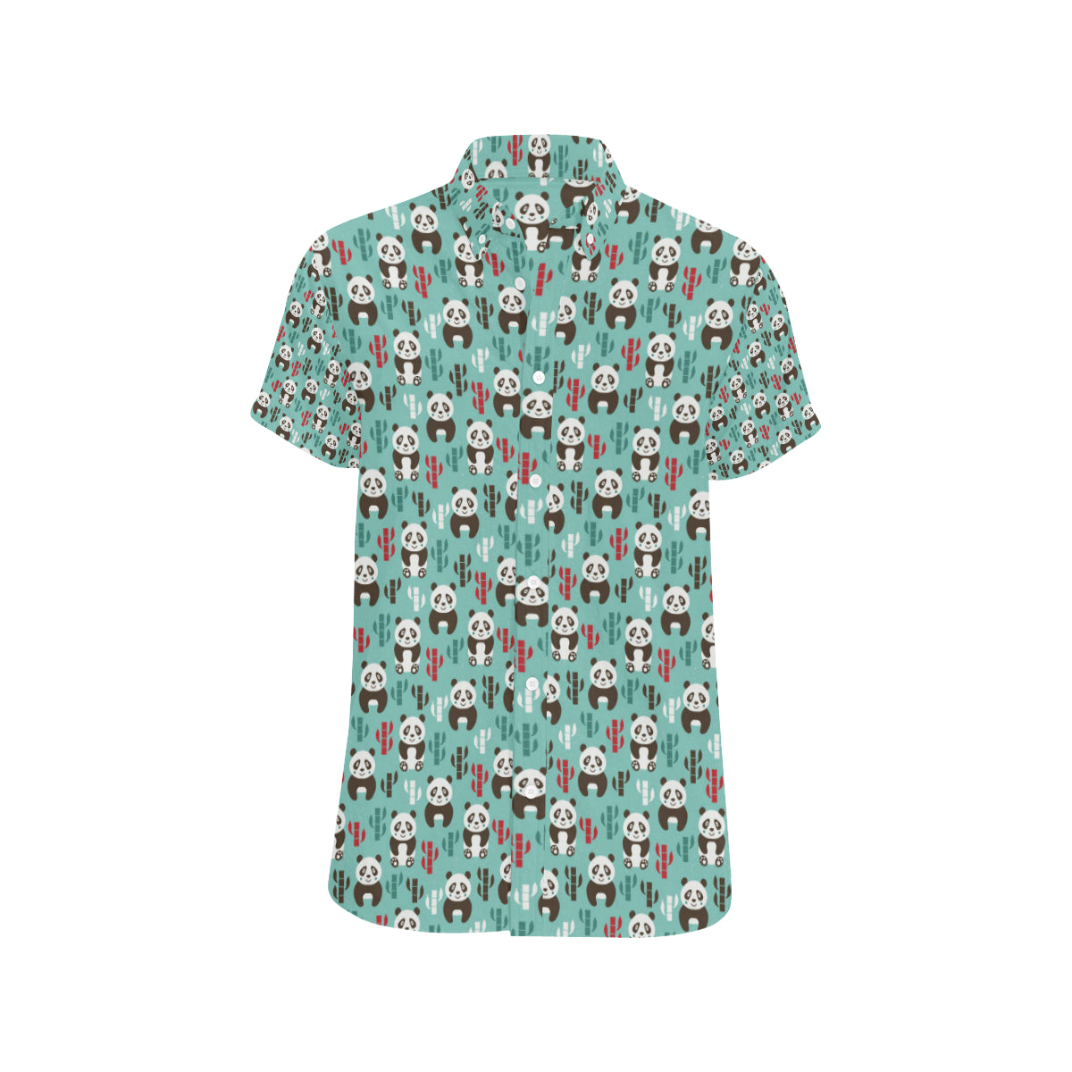 Panda Bear Cute Themed Print Men's Short Sleeve Button Up Shirt