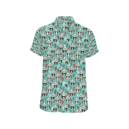 Panda Bear Cute Themed Print Men's Short Sleeve Button Up Shirt