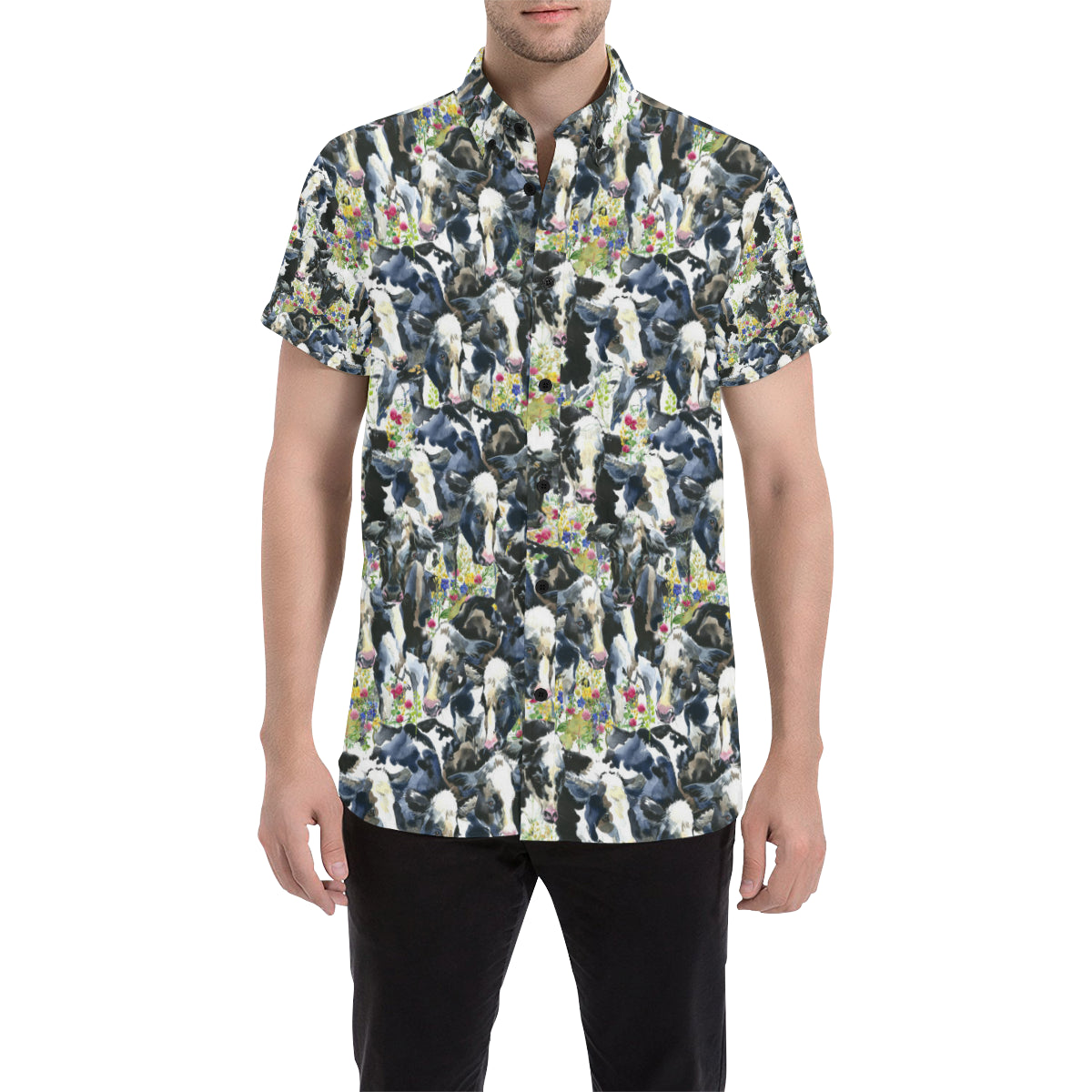 Cow Watercolor Print Pattern Men's Short Sleeve Button Up Shirt