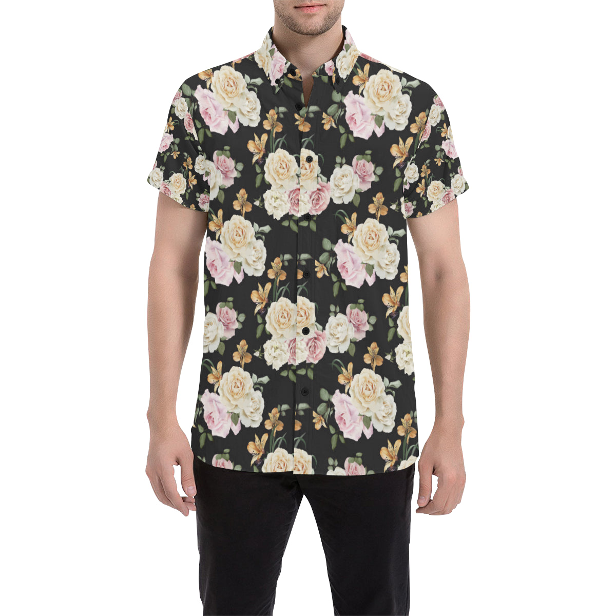Rose Pattern Print Design A01 Men's Short Sleeve Button Up Shirt