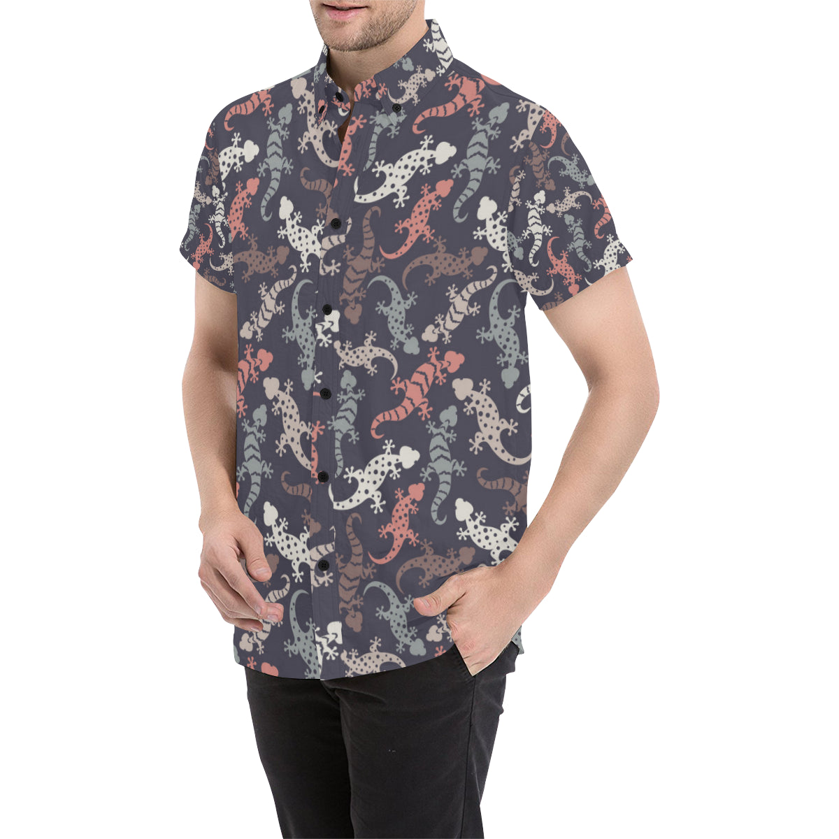 Gecko Pattern Print Design 02 Men's Short Sleeve Button Up Shirt