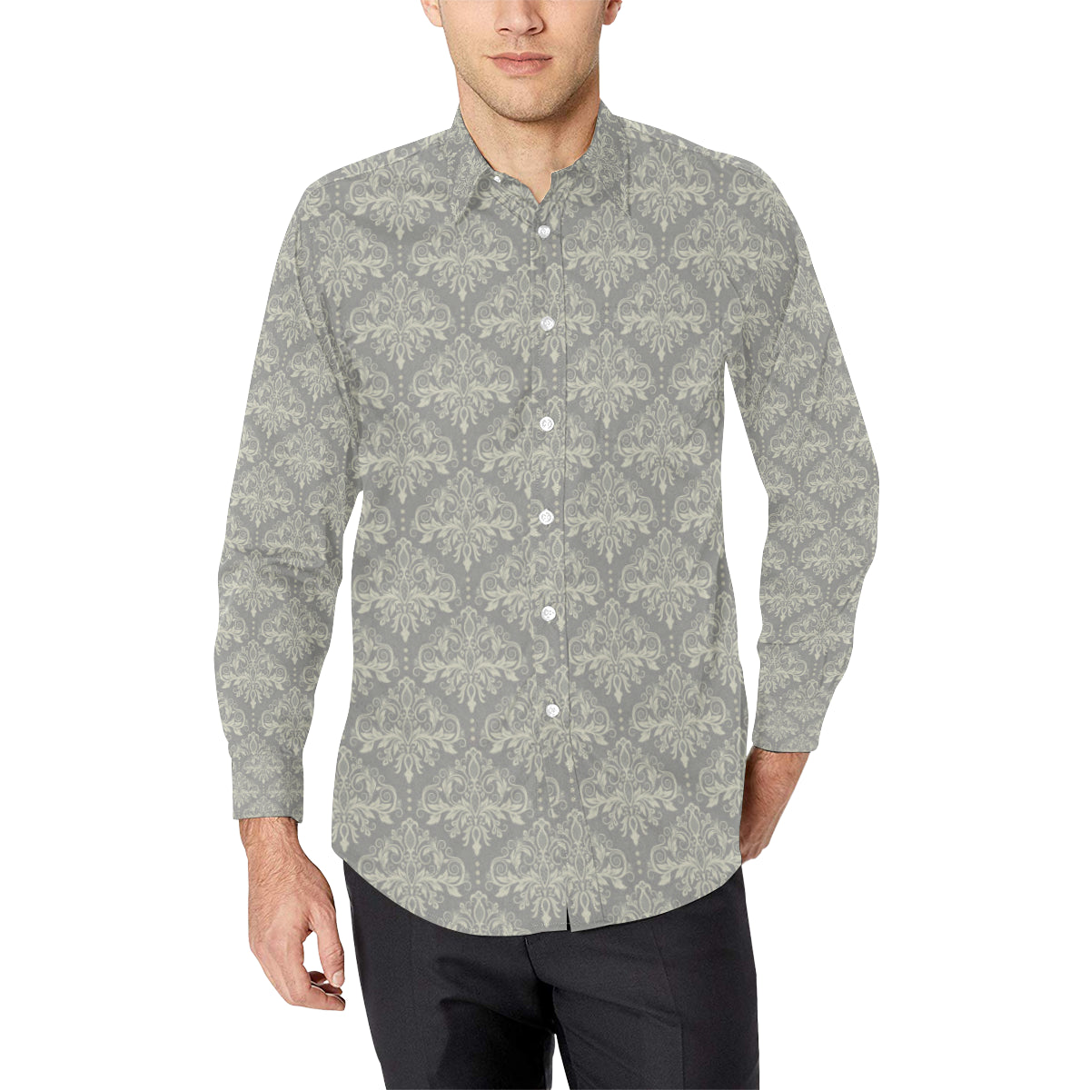 Damask Grey Elegant Print Pattern Men's Long Sleeve Shirt