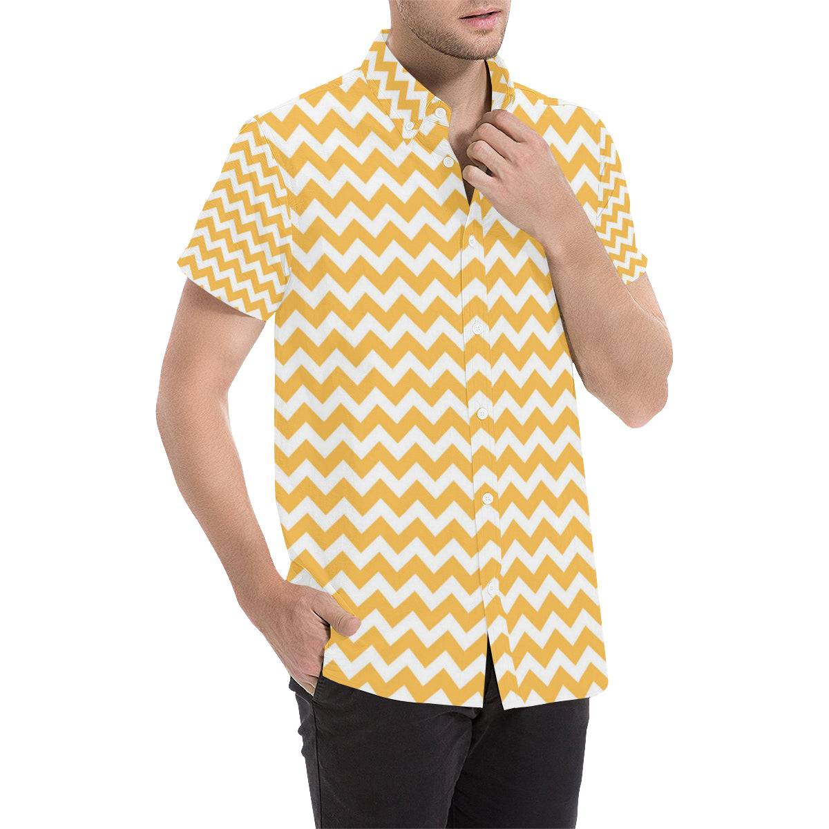 Chevron Orange Pattern Print Design 01 Men's Short Sleeve Button Up Shirt