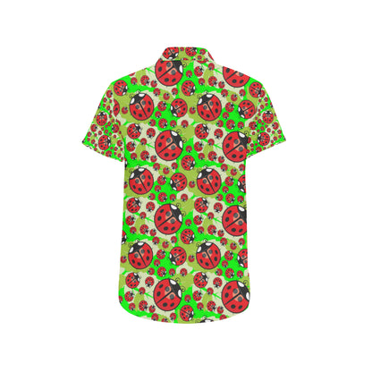 Ladybug with Leaf Print Pattern Men's Short Sleeve Button Up Shirt