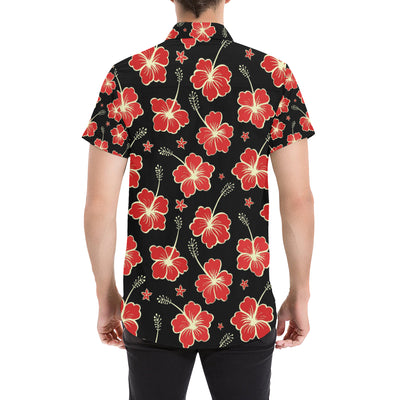 Red Hibiscus Pattern Print Design HB021 Men's Short Sleeve Button Up Shirt