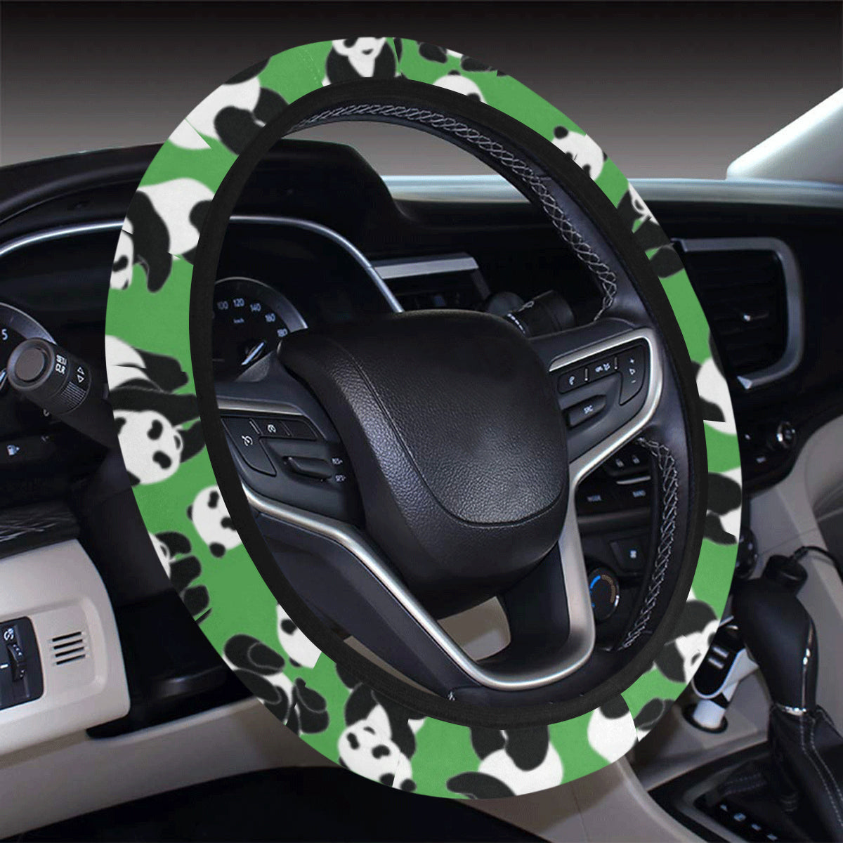 Panda Bear Pattern Themed Print Steering Wheel Cover with Elastic Edge