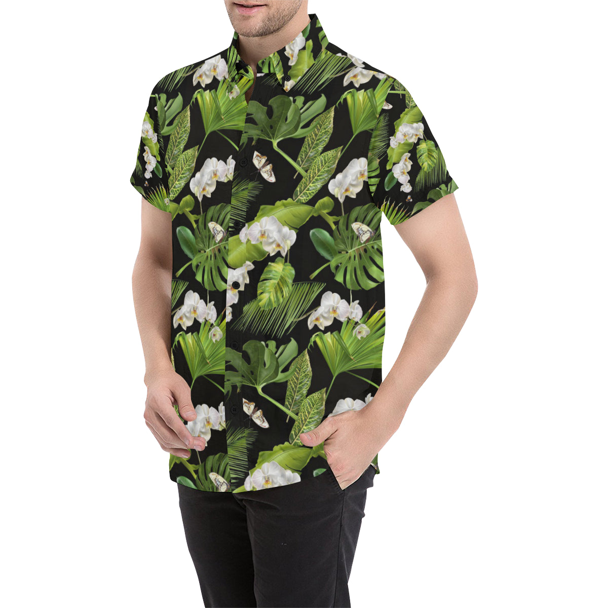 Tropical Flower Pattern Print Design TF026 Men's Short Sleeve Button Up Shirt