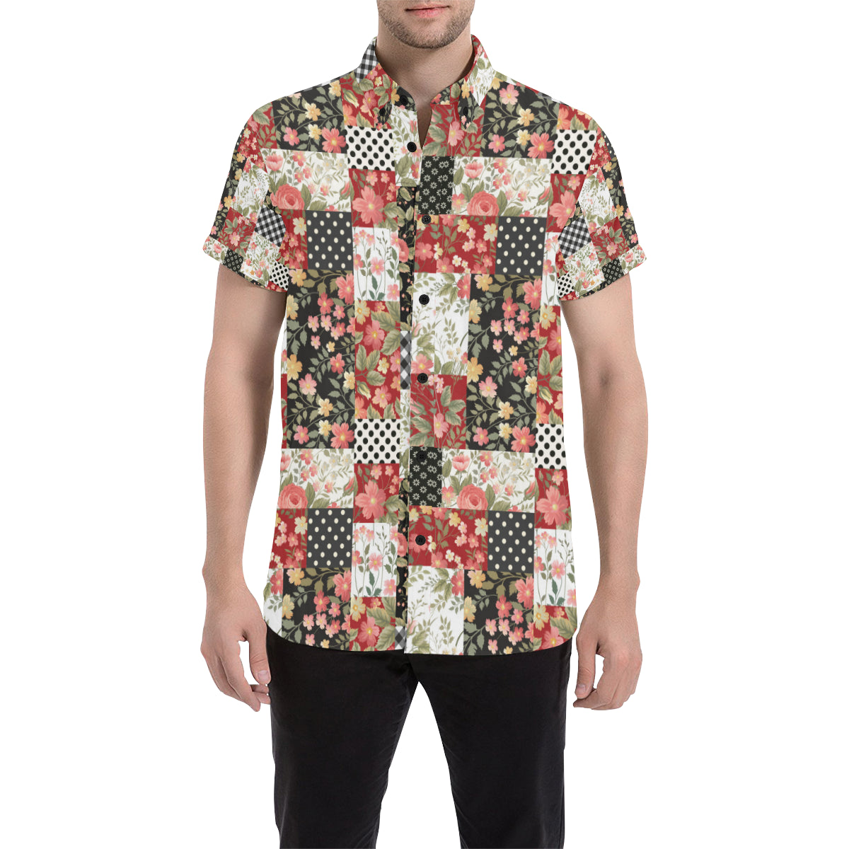 Patchwork Flower Pattern Print Design 03 Men's Short Sleeve Button Up Shirt