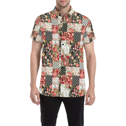 Patchwork Flower Pattern Print Design 03 Men's Short Sleeve Button Up Shirt