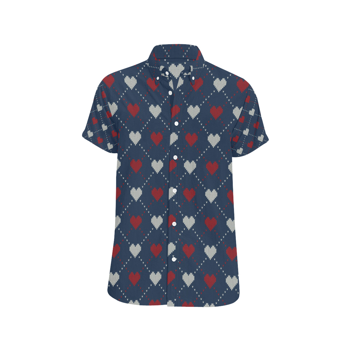 Heart Knit Pattern Print Design HE05 Men's Short Sleeve Button Up Shirt