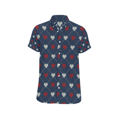 Heart Knit Pattern Print Design HE05 Men's Short Sleeve Button Up Shirt