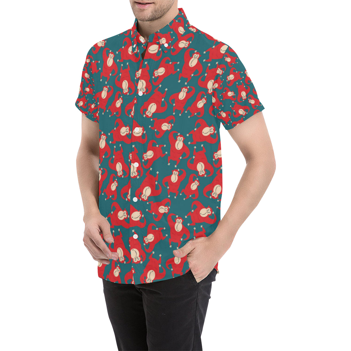 Chimpanzee Pattern Print Design 04 Men's Short Sleeve Button Up Shirt