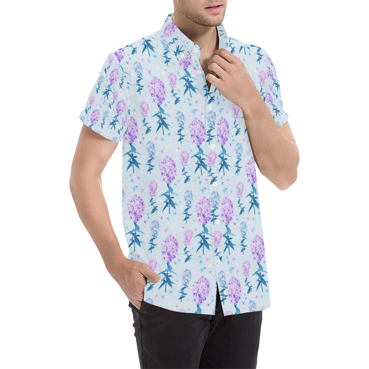 Lilac Pattern Print Design LI05 Men's Short Sleeve Button Up Shirt