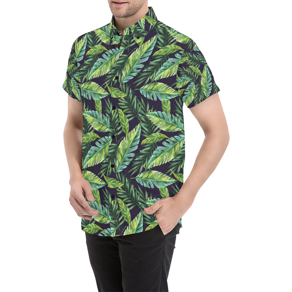 Tropical Flower Pattern Print Design TF06 Men's Short Sleeve Button Up Shirt