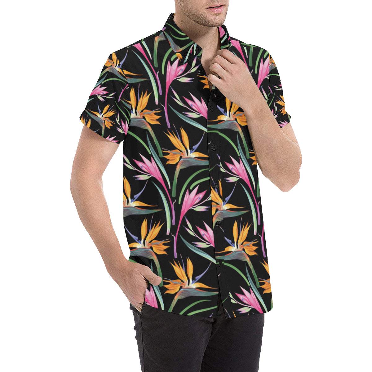 Tropical Flower Pattern Print Design TF017 Men's Short Sleeve Button Up Shirt