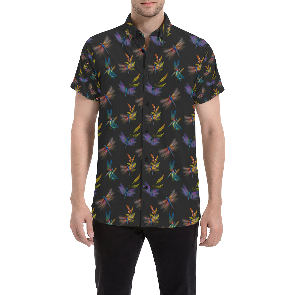 Dragonfly Colorful Realistic Print Men's Short Sleeve Button Up Shirt