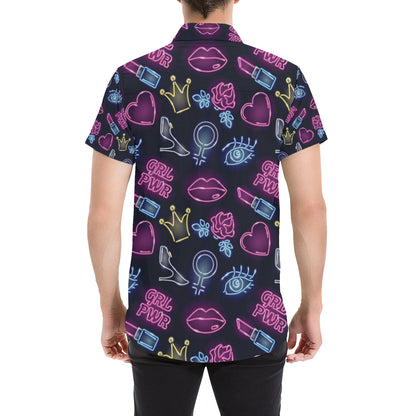 Lipstick Neon Pattern Print Design 02 Men's Short Sleeve Button Up Shirt
