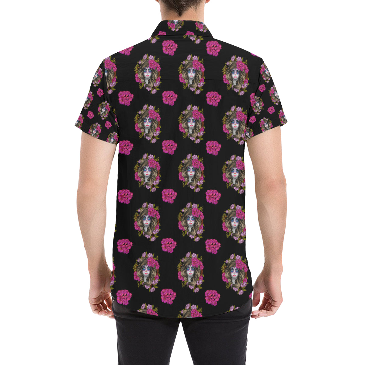 Day of the Dead Makeup Girl Men's Short Sleeve Button Up Shirt