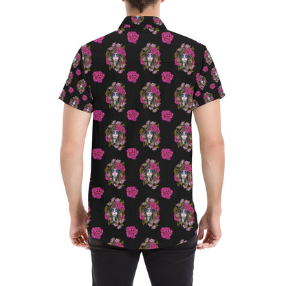 Day of the Dead Makeup Girl Men's Short Sleeve Button Up Shirt