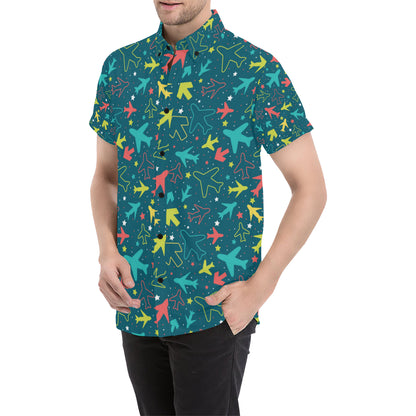 Airplane Pattern Print Design 05 Men's Short Sleeve Button Up Shirt