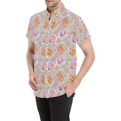 Rose Pattern Print Design RO011 Men's Short Sleeve Button Up Shirt