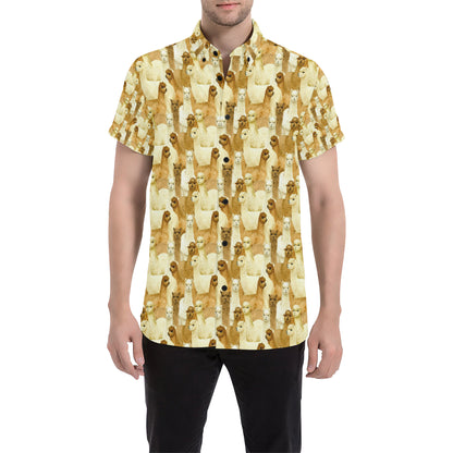 Alpaca Watercolor Design Themed Print Men's Short Sleeve Button Up Shirt
