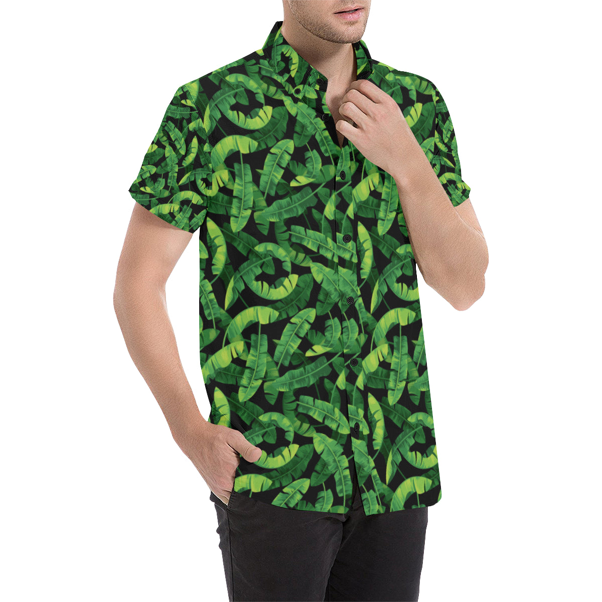 Banana Leaf Pattern Print Design 02 Men's Short Sleeve Button Up Shirt