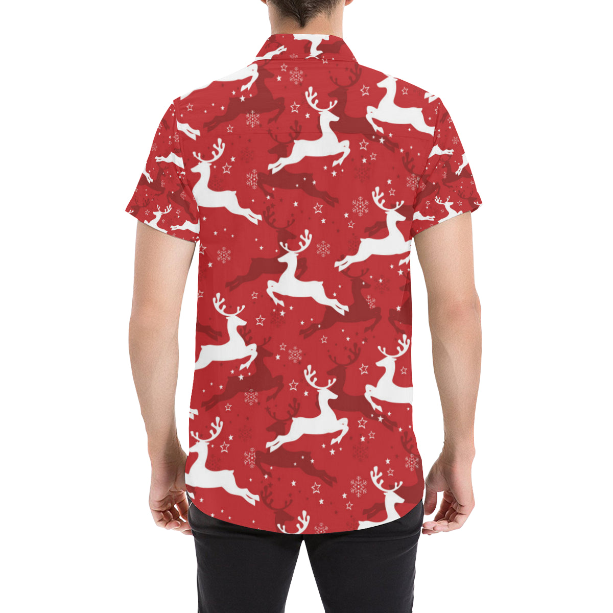 Reindeer Red Pattern Print Design 01 Men's Short Sleeve Button Up Shirt
