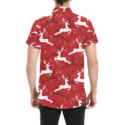 Reindeer Red Pattern Print Design 01 Men's Short Sleeve Button Up Shirt