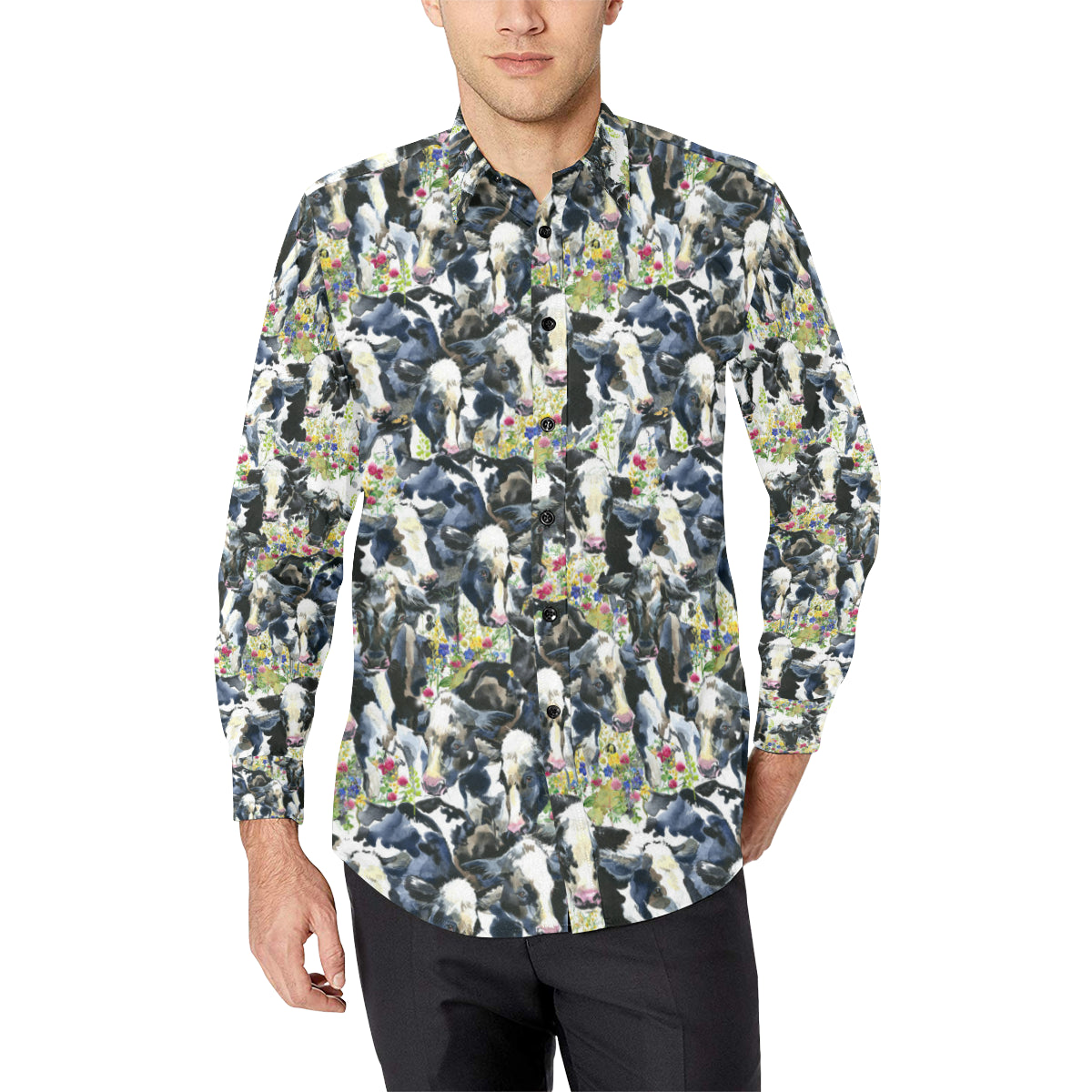 Cow Watercolor Print Pattern Men's Long Sleeve Shirt