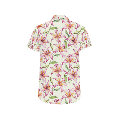 Lily Pattern Print Design LY011 Men's Short Sleeve Button Up Shirt