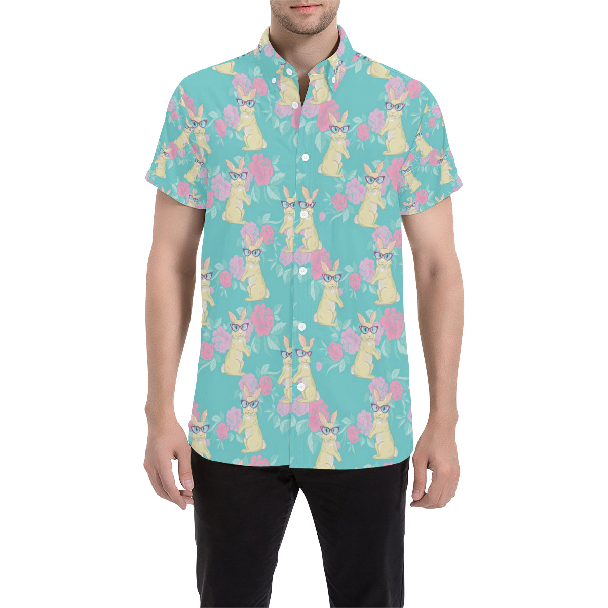 Rabbit Pattern Print Design RB05 Men's Short Sleeve Button Up Shirt