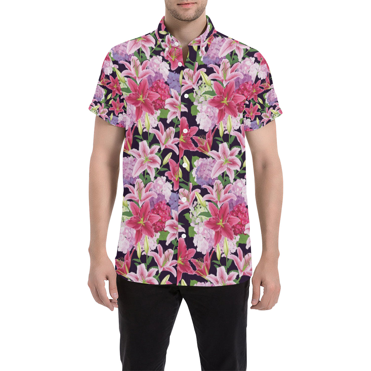 Lily Pattern Print Design LY017 Men's Short Sleeve Button Up Shirt
