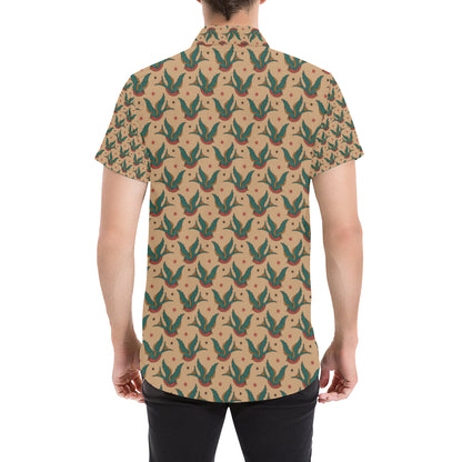 Old School Tattoo Swallow Design Men's Short Sleeve Button Up Shirt