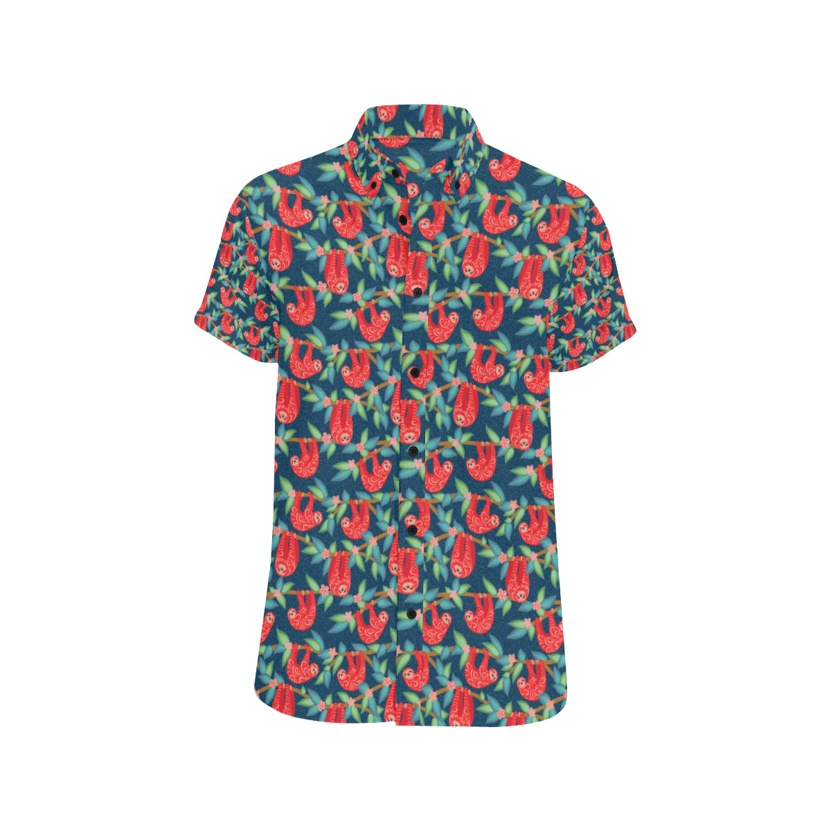 Sloth Red Design Themed Print Men's Short Sleeve Button Up Shirt