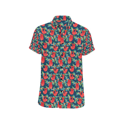 Sloth Red Design Themed Print Men's Short Sleeve Button Up Shirt
