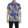 Neon Flower Tropical Palm Leaves Men's Short Sleeve Button Up Shirt