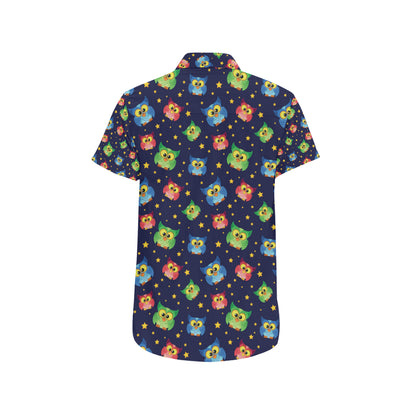 Owl with Star Themed Design Print Men's Short Sleeve Button Up Shirt