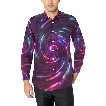 Vortex Twist Swirl Purple Neon Print Men's Long Sleeve Shirt