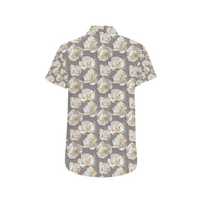Elegant Grey Flower Print Men's Short Sleeve Button Up Shirt