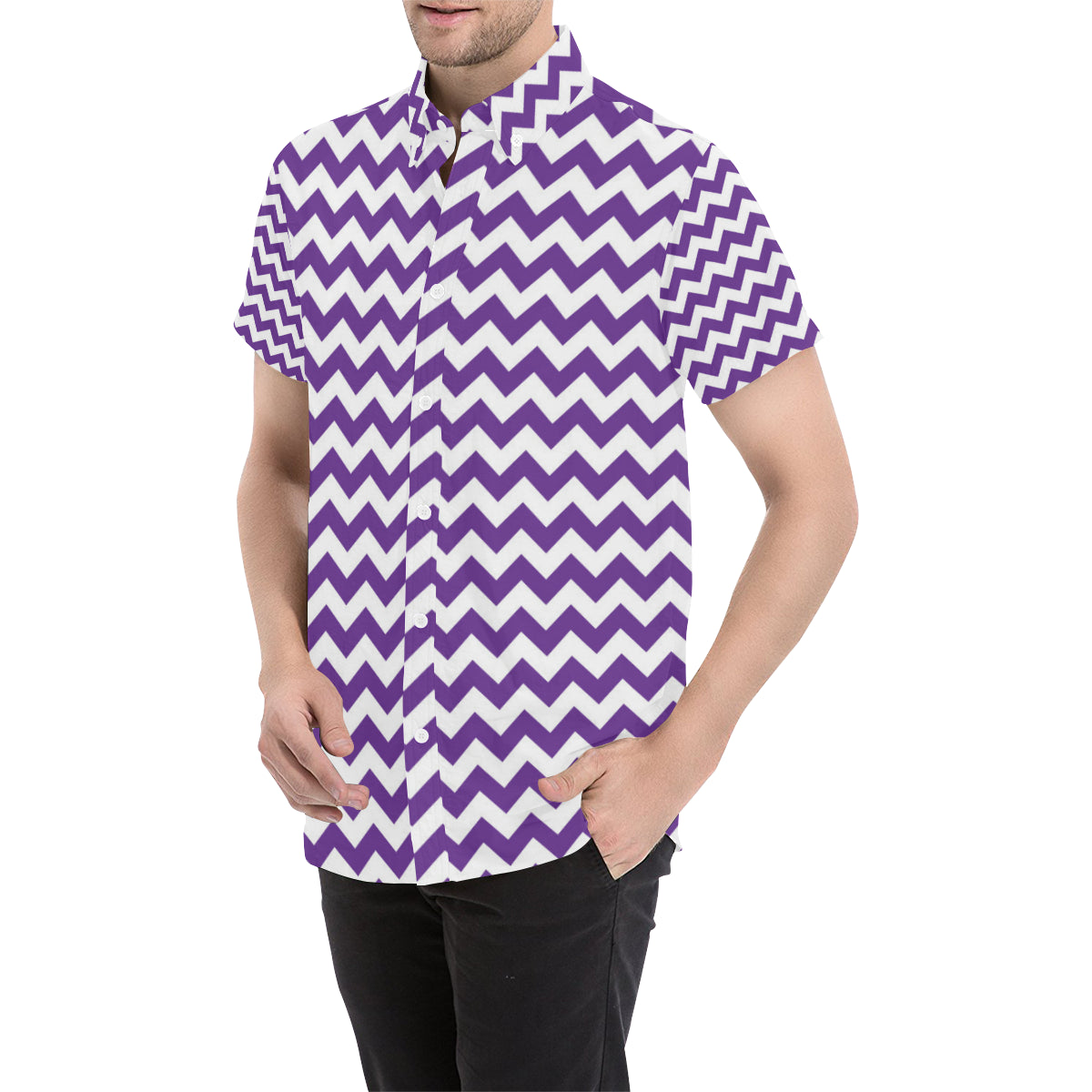 Chevron Purple Pattern Print Design 03 Men's Short Sleeve Button Up Shirt